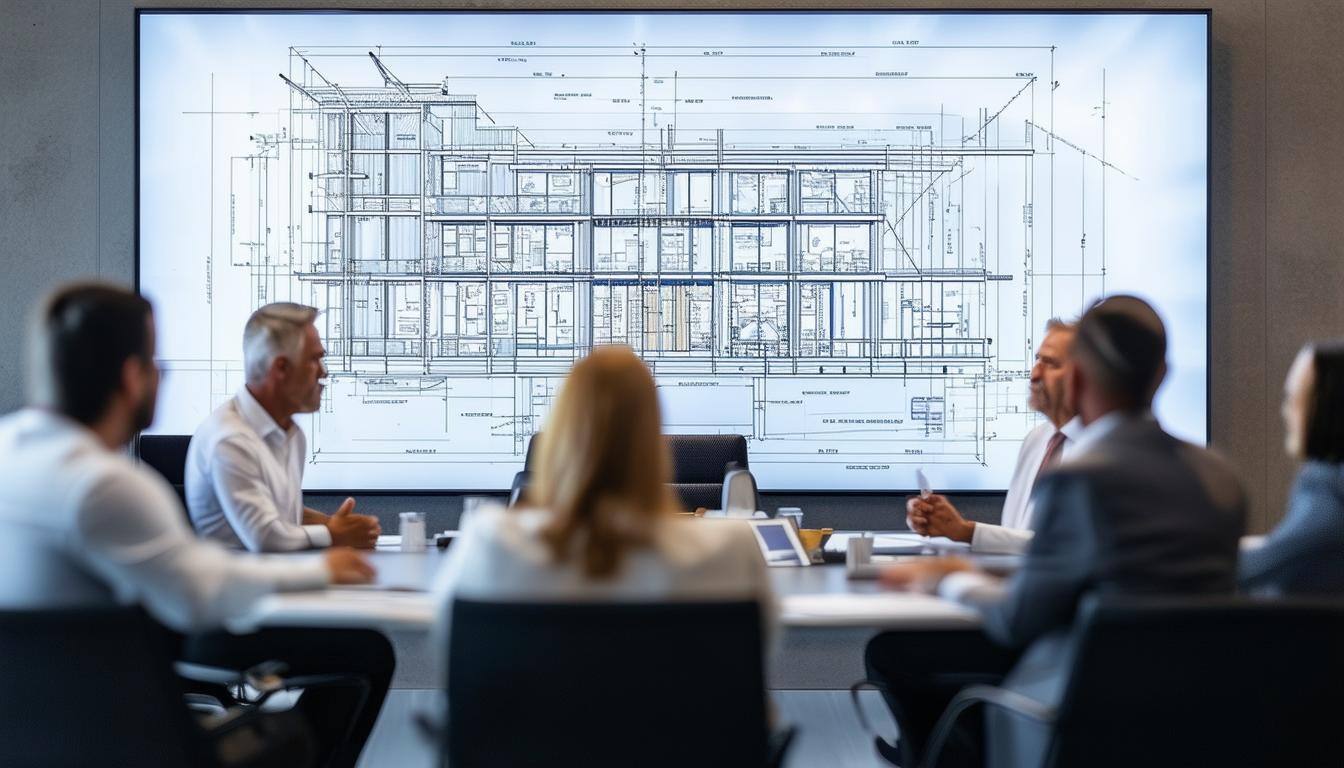 pre construction planning in a conference room with a large TV showing a blueprint-2